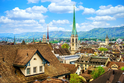 Zurich city, Switzerland, view over the roofs of historical Old town