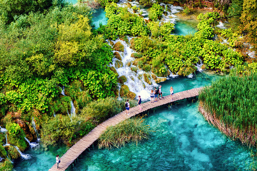 Waterfalls path in Plitvice Lakes National Park, Croatia, is a UNESCO World Nature Heritage site