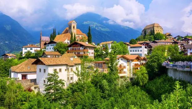 Picturesque Old town of Schenna (Scena) in Merano, Italy, a popular travel destination in South Tyrol Alps mountains