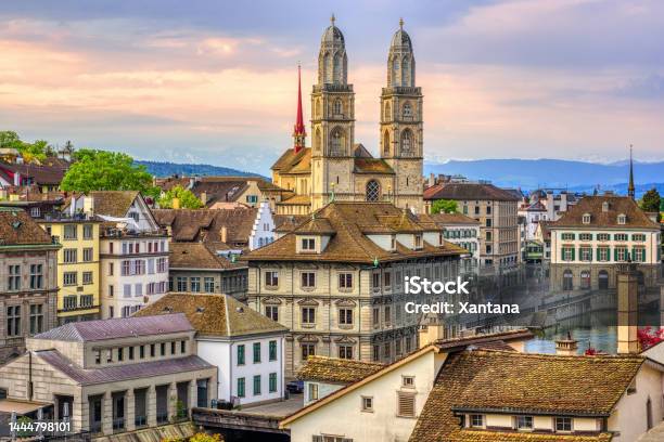Zurich Cathedral And Old Town Switzerland Stock Photo - Download Image Now - Zurich, City, Switzerland