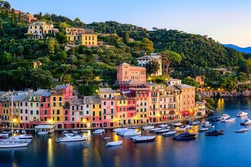 Portofino, Italy, colorful town on Mediterranean coast of Liguria on sunrise