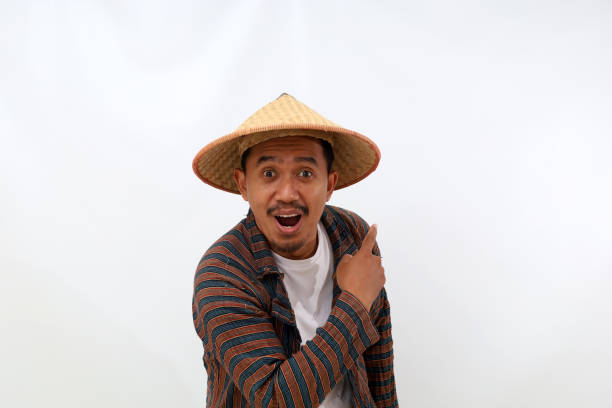 istock Happy asian farmer standing while pointing something beside him. Isolated on white background 1444800288