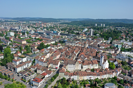 Aarau with the entire medieval city. The high angle image was captured during summer season. Aarau is the capital town of the canton of Aargau.