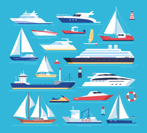 Maritime ship icons Maritime ships. Vector icon set of ship at sea, sail boats, scooter, speedboat, yacht, passenger liner, sailboat, cruiser and cargo ships. Water ocean transport boat in flat style. Sea marine travel passenger craft stock illustrations