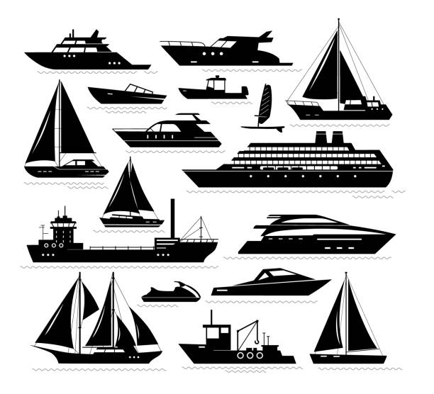 해상 선박 블랙 실루엣 - motorboat nautical vessel sailboat yacht stock illustrations