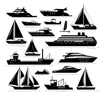 Maritime ships black silhouette. Vector icon set of ship at sea, sail boats, yacht, passenger liner, sailboat, cruiser and cargo ships. Water ocean transport boat in flat style. Sea marine travel