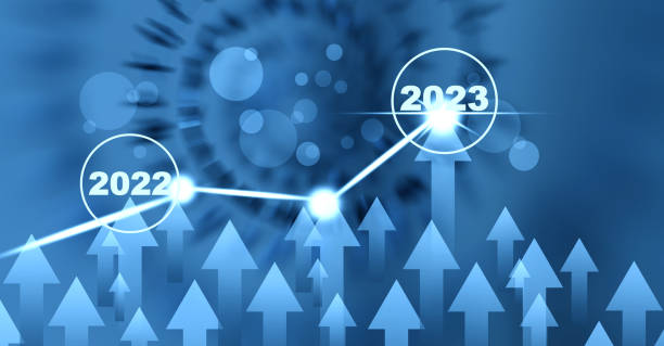 2022-2023 Arrows graph analytics and financial, Changes in new planning, Business growth, ideas and perspectives, Stock investment, and dividends yield from business in the new year stock photo