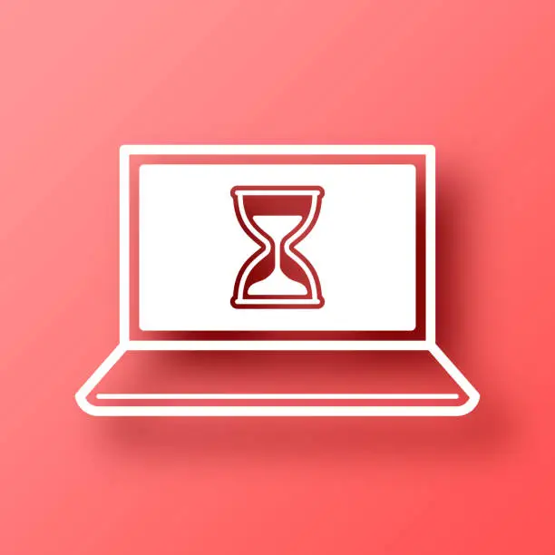 Vector illustration of Laptop with hourglass. Icon on Red background with shadow