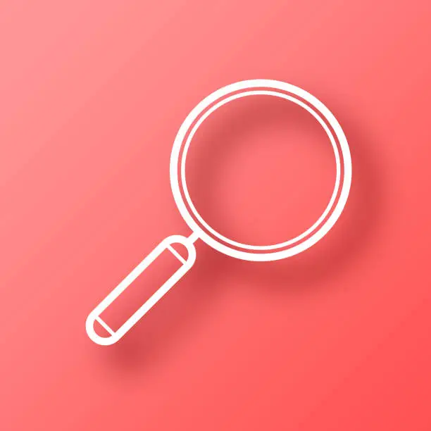 Vector illustration of Magnifying glass. Icon on Red background with shadow
