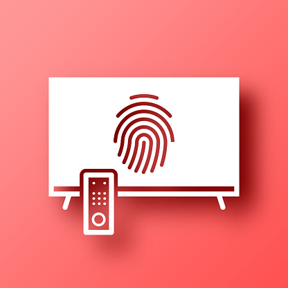 istock TV with fingerprint. Icon on Red background with shadow 1444804464