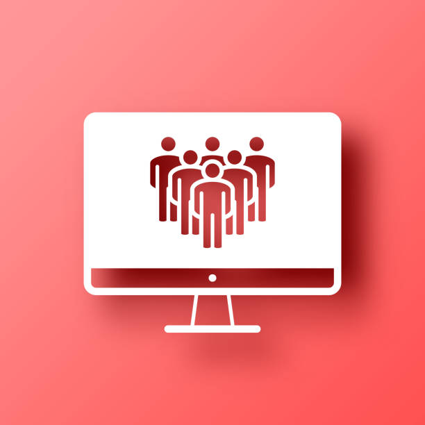 illustrations, cliparts, dessins animés et icônes de médias sociaux sur ordinateur de bureau. icône sur fond rouge avec ombre - meeting business red backgrounds