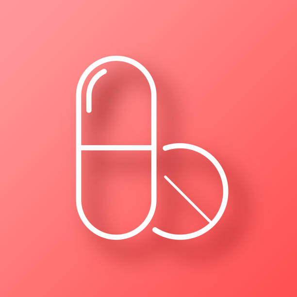 таблетки - медицинские препараты. значок на красном фоне с тенью - nutritional supplement vitamin pill pill ecstasy pill stock illustrations