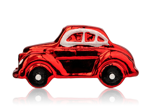 glass christmas tree toy, red retro car, isolated on white background