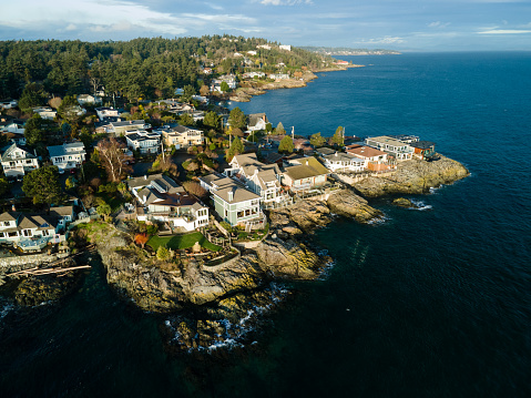 Drone image of Baynes Beach, west coast Vancouver Island, Victoria, BC Canada