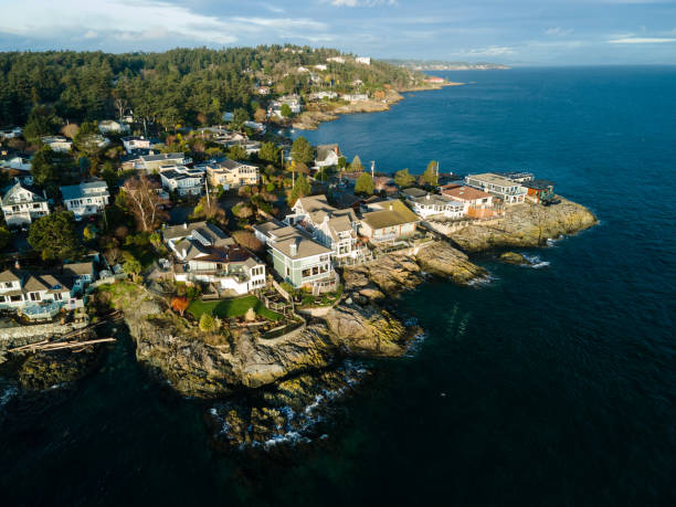Drone image of Baynes Beach, Victoria, BC Canada Drone image of Baynes Beach, west coast Vancouver Island, Victoria, BC Canada rocky coastline stock pictures, royalty-free photos & images