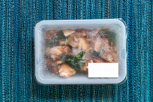 Packed frozen dish of stir-fried king trumpet mushroom prepared by a local restaurant in Taiwan.