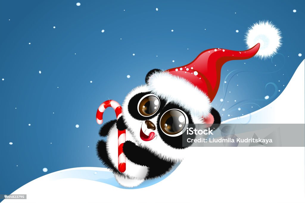Fanny Panda Santa Cute fluffy cartoon little Panda in Santa hat with candy cane in his paws going down the hill Animal stock vector Fanny Panda Santa Cute fluffy cartoon little Panda in Santa hat with candy cane in his paws going down the hill Animal stock vector