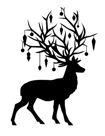 A simple reindeer silhouette with ornaments on its antlers,  on a transparent background. Ornaments can be removed.