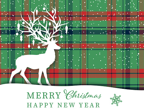 A snowy reindeer themed template for Christmas cards or flyers with a plaid background.