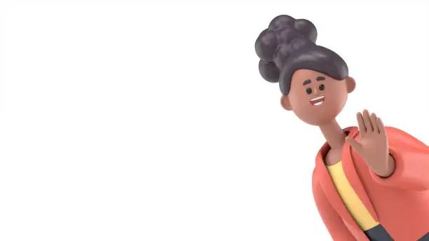 Photo of 3D illustration of smiling african american woman Coco saying hello.3D rendering on white background.