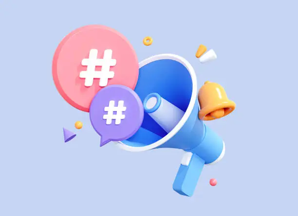 Photo of 3D Megaphone with Hashtags and bell notification. Loudspeaker for announce promotion in social media and network. Cartoon creative design icon concept isolated on blue background. 3D Rendering