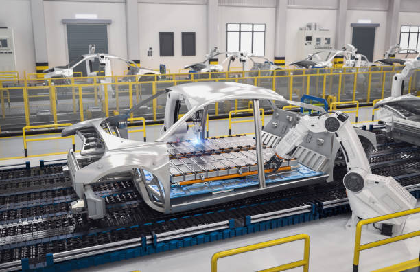 istock Robot assembly line with electric car battery cells module on platform 1444834064