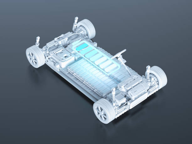 istock Electric car with pack of battery cells module on platform 1444834068