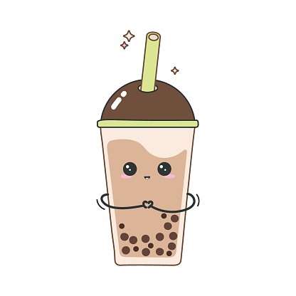 Kawaii glass with tea and bubbles. Vector illustration of a cute persanage with eyes and pink cheeks. Bubble tea with handles and straw.