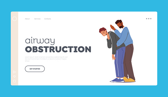 First Aid at Airway Obstruction Landing Page Template. Male Character Doing Heimlich Maneuver To Young Man With Food Suffocation. Cartoon People Vector Illustration