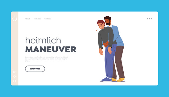 Heimlich Maneuver Landing Page Template. Man Stand Behind Conscious Victim Male Character With Hands In The Proper Position On Victim Abdomen. Cartoon People Vector Illustration