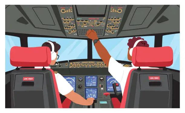 Vector illustration of Pilots Wearing Headset or Headphones and Uniform Sitting in Chairs in Cabin of Plane Rear View. Aviators Drive Aircraft