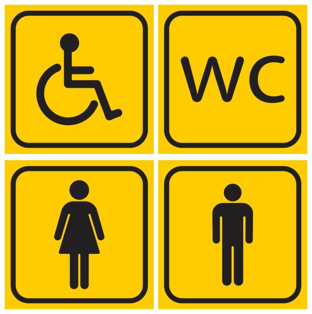 노란색 배경에 설정된 화장실 라인 아이콘 - silhouette interface icons wheelchair icon set stock illustrations