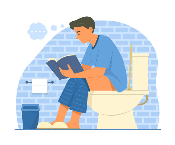 ilustraciones, imágenes clip art, dibujos animados e iconos de stock de hombre sentado en la taza del inodoro y leyendo un libro - water