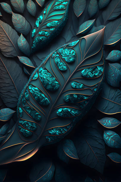istock 3d pattern leaves stone cristal blue abstract background, modern, elegant. Artistic vertical template for design render 1444842503