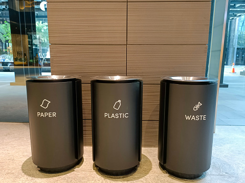 Recycling bins in a modern city