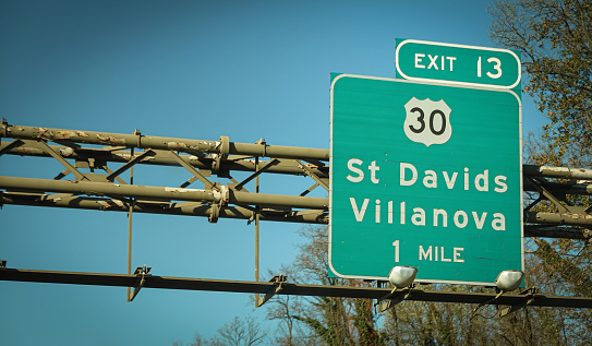 A sign leads drivers toward St. David's and Villanova, Pennsylvania.