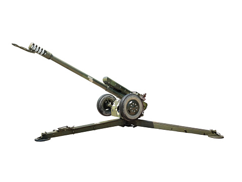 Modern cannon in assembled condition, ready to fire on a white clipping path