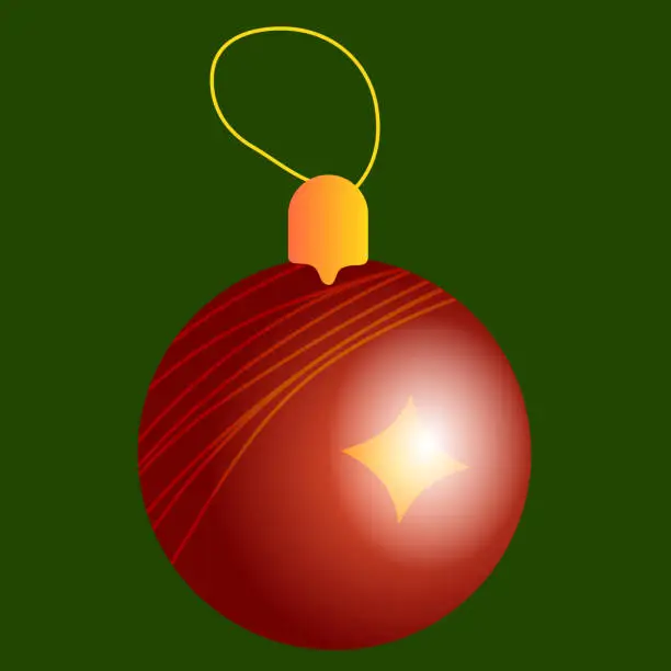 Vector illustration of Red round Toy for Christmas tree with a linear texture and a yellow star on a green background.