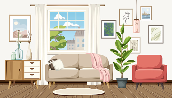 Living room interior with a sofa, an armchair, a dresser, pictures on the wall, and a big window. Retro Scandinavian interior design. Cartoon vector illustration