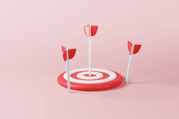 istock Red white arrows hit the target dart board on pink background. Business target strategy bullseye icon sign, Online marketing goal objective management, successful point challenge concept. 3d rendering 1444853251
