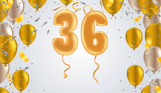 istock Elegant Greeting celebration 36 birthday  Happy birthday, congratulations poster. Balloons numbers with sparkling confetti. Vector 1444854117