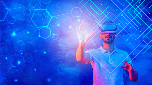 istock abstract digital pattern overlay with blured man wearing 3d goggle headset in concept of cyberspace with AI virtual reality world 1444855650