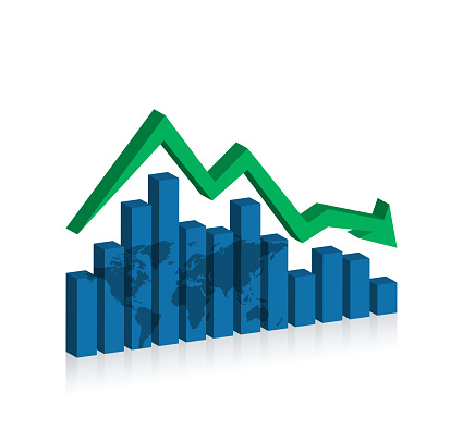 Bar graph with world map isolated on white background.\nGlobal economic concept.