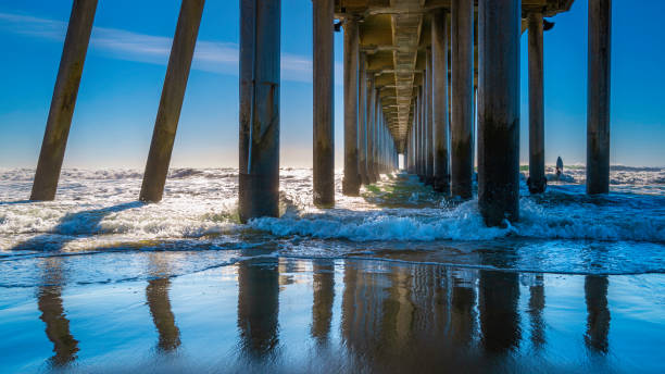 istock Sea waves and water reflections of boardwalk underside 1444857736