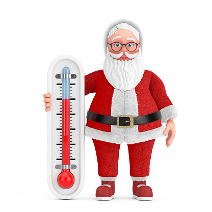 Cartoon Cheerful Santa Claus Granpa with Outdoor Thermometer on a white background. 3d Rendering