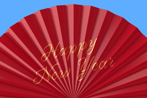 Red China Fan with Happy New Year Sign on a blue background. 3d Rendering