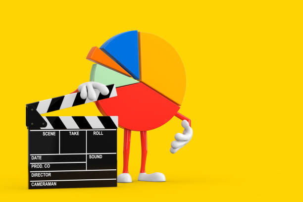 istock Info Graphics Business Pie Chart Character Person with Movie Clapper Board. 3d Rendering 1444859455