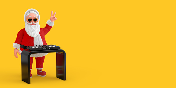 Cartoon Cheerful Santa Claus Granpa DJ Playing Music with DJ Set Turntable Mixer Equipment on a yellow background. 3d Rendering