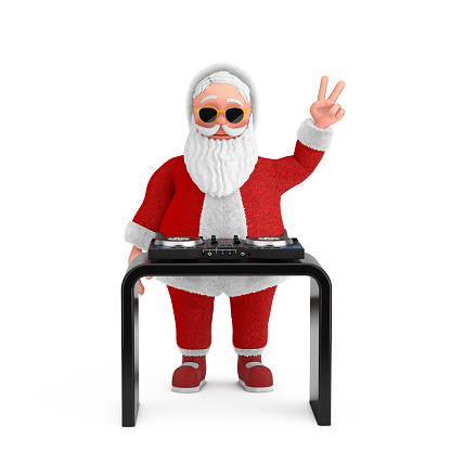 Cartoon Cheerful Santa Claus Granpa DJ Playing Music with DJ Set Turntable Mixer Equipment on a white background. 3d Rendering