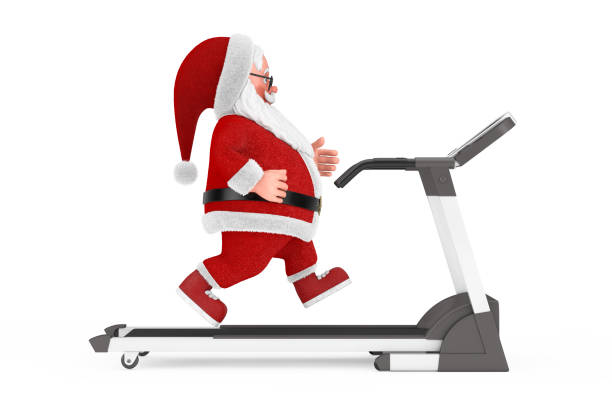 istock Cartoon Cheerful Santa Claus Granpa Running on a Treadmill. 3d Rendering 1444862843